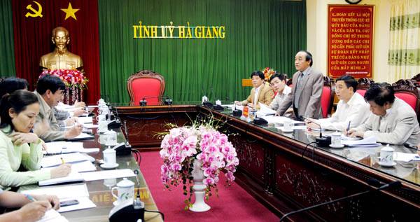 Phó Bí thư Thường trực Tỉnh ủy, Chủ tịch HĐND tỉnh Vương Mí Vàng phát biểu tại buổi làm việc.