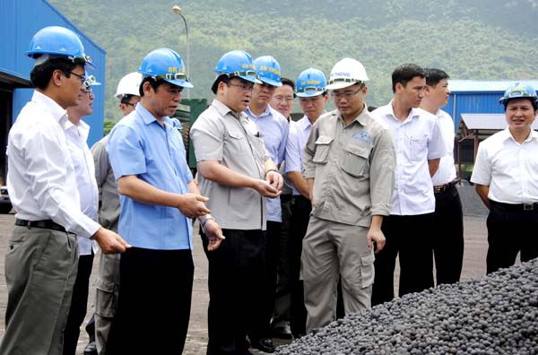 Phó Thủ tướng Chính phủ Hoàng Trung Hải cùng các đồng chí lãnh đạo tỉnh thăm Nhà máy sản xuất tinh quặng vê viên tại KCN Bình Vàng.
