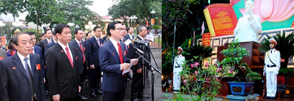 Các đồng chí lãnh đạo tỉnh dâng hương trước Tượng đài Bác Hồ tại khuôn viên Tỉnh ủy.