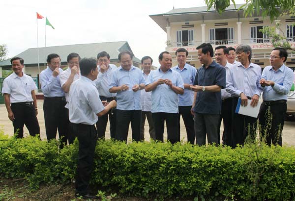Đồng chí Triệu Tài Vinh cùng đoàn công tác tham quan mô hình trồng cây dược liệu tại huyện Quản Bạ.