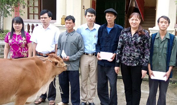Lãnh đạo Liên đoàn Lao động tỉnh tặng bò cho các hộ nghèo xã Sủng Trà. 