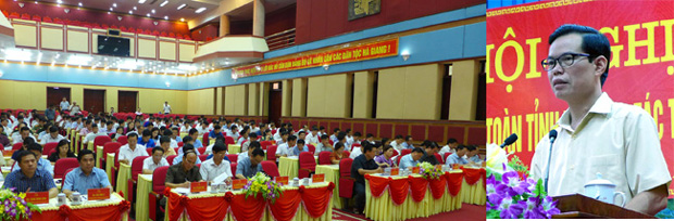Bí thư Tỉnh ủy Triệu Tài Vinh phát biểu khai mạc Hội nghị cán bộ chủ chốt toàn tỉnh về công tác tổ chức cán bộ.
