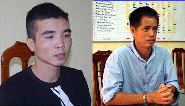 2 đối tượng Đinh Hữu Khiêm (bên phải) và Phàn Văn Hùng (bên trái) tại cơ quan điều tra.