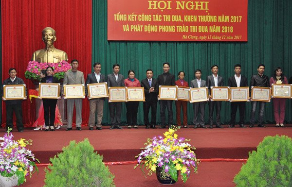 Phó Chủ tịch Thường trực UBND tỉnh Nguyễn Minh Tiến trao Bằng khen của Chủ tịch UBND tỉnh cho các cá nhân xuất sắc.