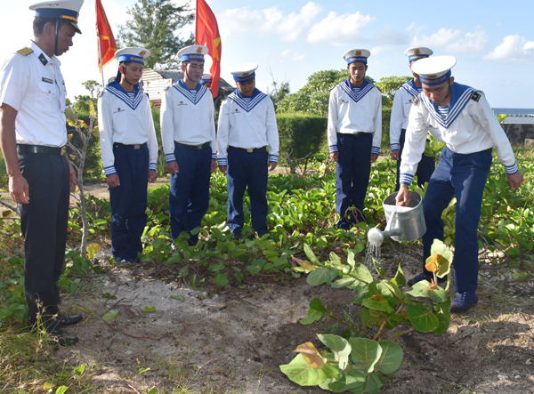 Tuy nước ngọt dùng trong sinh hoạt còn khó khăn nhưng vẫn được ưu tiên để  ươm mầu xanh trên đảo