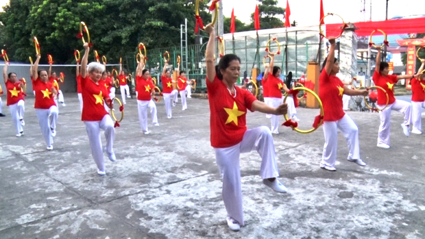 Buổi tập thể dục dưỡng sinh của người cao tuổi huyện Vị Xuyên.