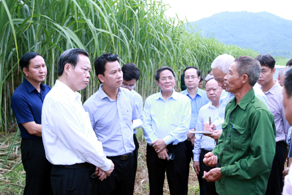 Phó Chủ tịch Quốc hội Phùng Quốc Hiển và Bí thư Tỉnh ủy Đặng Quốc Khánh cùng Đoàn công tác thăm trang trại nuôi bò của gia đình anh Đặng Văn Cương, thôn Thủy Lâm, xã Trung Thành (Vị Xuyên).				              Ảnh: DUY TUẤN