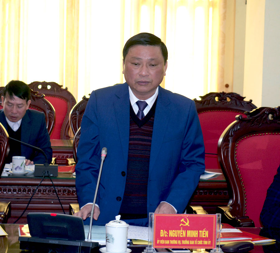 Trưởng ban Tổ chức Tỉnh ủy Nguyễn Minh Tiến phát biểu tại hội nghị.