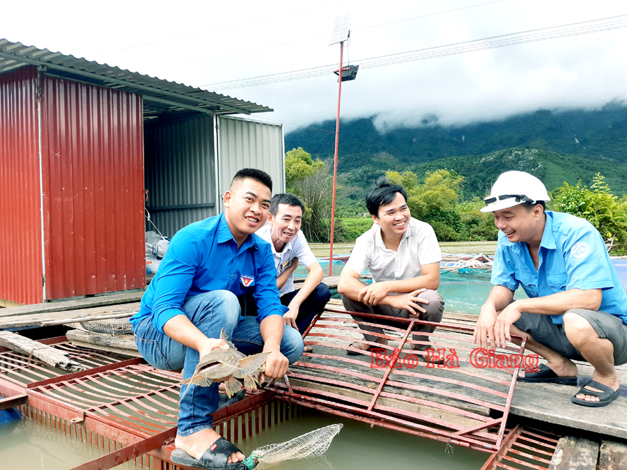 Đoàn viên Trần Tuấn Minh, thôn Ngần Hạ, xã Tân Thành (Bắc Quang) giới thiệu mô hình nuôi cá lồng. Ảnh Tư Liệu
