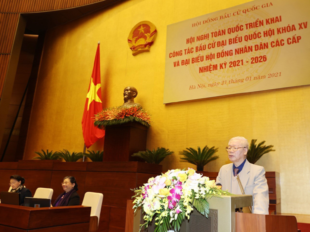 Tổng Bí thư, Chủ tịch nước Nguyễn Phú Trọng phát biểu chỉ đạo Hội nghị trực tuyến toàn quốc triển khai công tác bầu cử đại biểu Quốc hội khóa XV và đại biểu Hội đồng nhân dân các cấp nhiệm kỳ 2021-2026, sáng 21/1/2021.