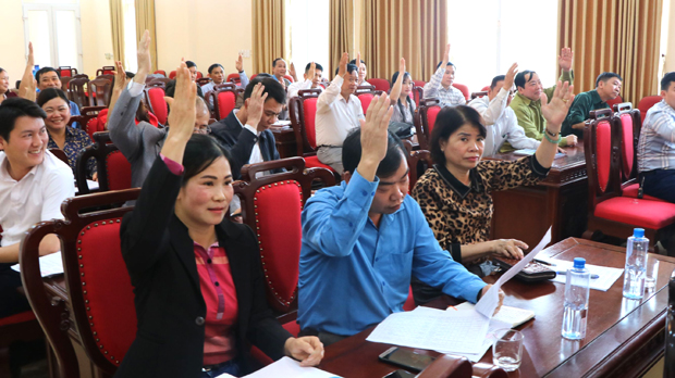 Các đại biểu biểu quyết tại hội nghị.