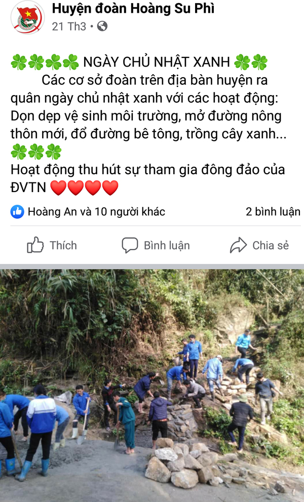 rang facebook của Huyện đoàn Hoàng Su Phì thường xuyên đăng tải các gương điển hình,  phong trào nổi bật của tuổi trẻ, tạo hiệu ứng lan tỏa mạnh mẽ trong đoàn viên, thanh niên.