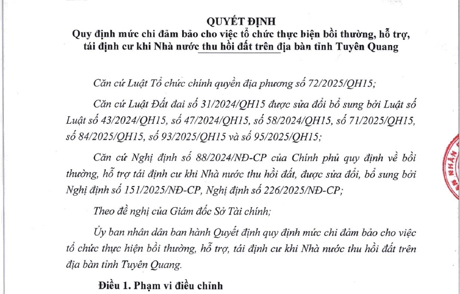 Tuyên Quang ban hành mức chi mới cho công tác bồi thường, hỗ trợ tái định cư