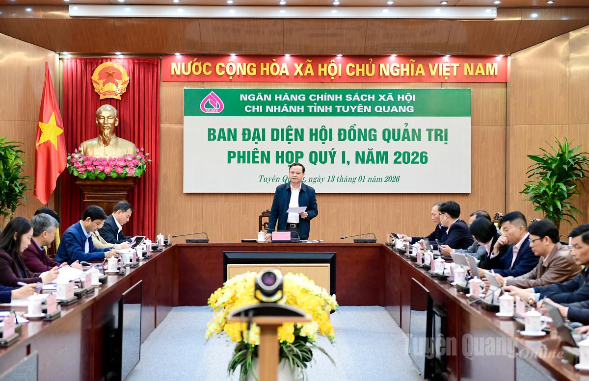 Đồng chí Nguyễn Mạnh Tuấn, Ủy viên Ban Thường vụ Tỉnh ủy, Phó Chủ tịch Thường trực UBND tỉnh, Trưởng Ban đại diện Hội đồng Quản trị Ngân hàng Chính sách xã hội tỉnh chủ trì cuộc họp.