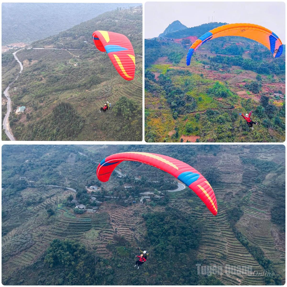 Du khách trải nghiệm bay dù lượn, ngắm toàn cảnh thung lũng Bắc Sum từ trên cao.
