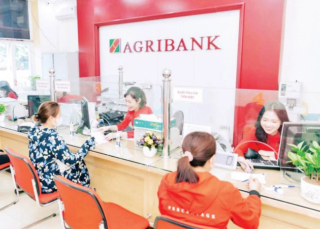 Customers transact at an Agribank branch.