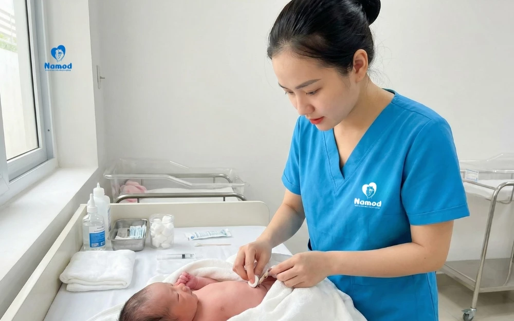 (Cô chuyên viên đang chăm sóc bé sơ sinh sau khi tắm)