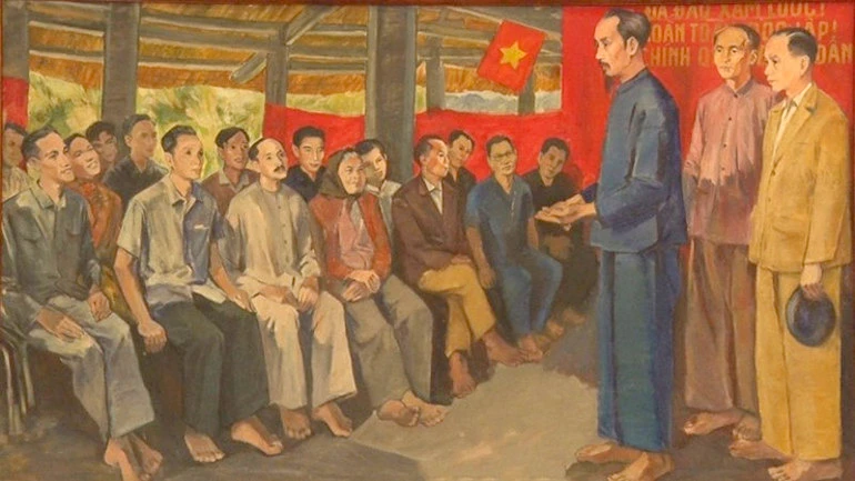 Chủ tịch Hồ Chí Minh nói chuyện với đại biểu Quốc dân Đại hội tại Đình Tân Trào (Tranh sơn dầu của họa sĩ Cao Thương).