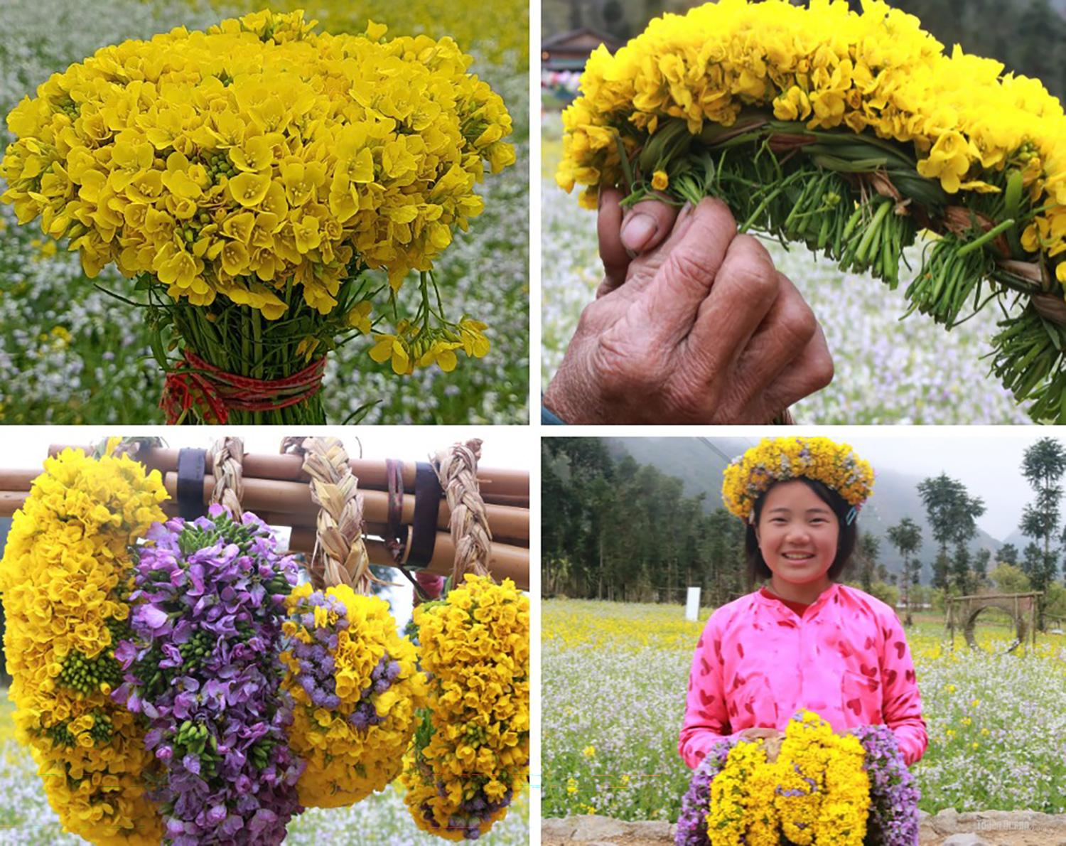 Flowers are arranged into bouquets and circular wreaths.