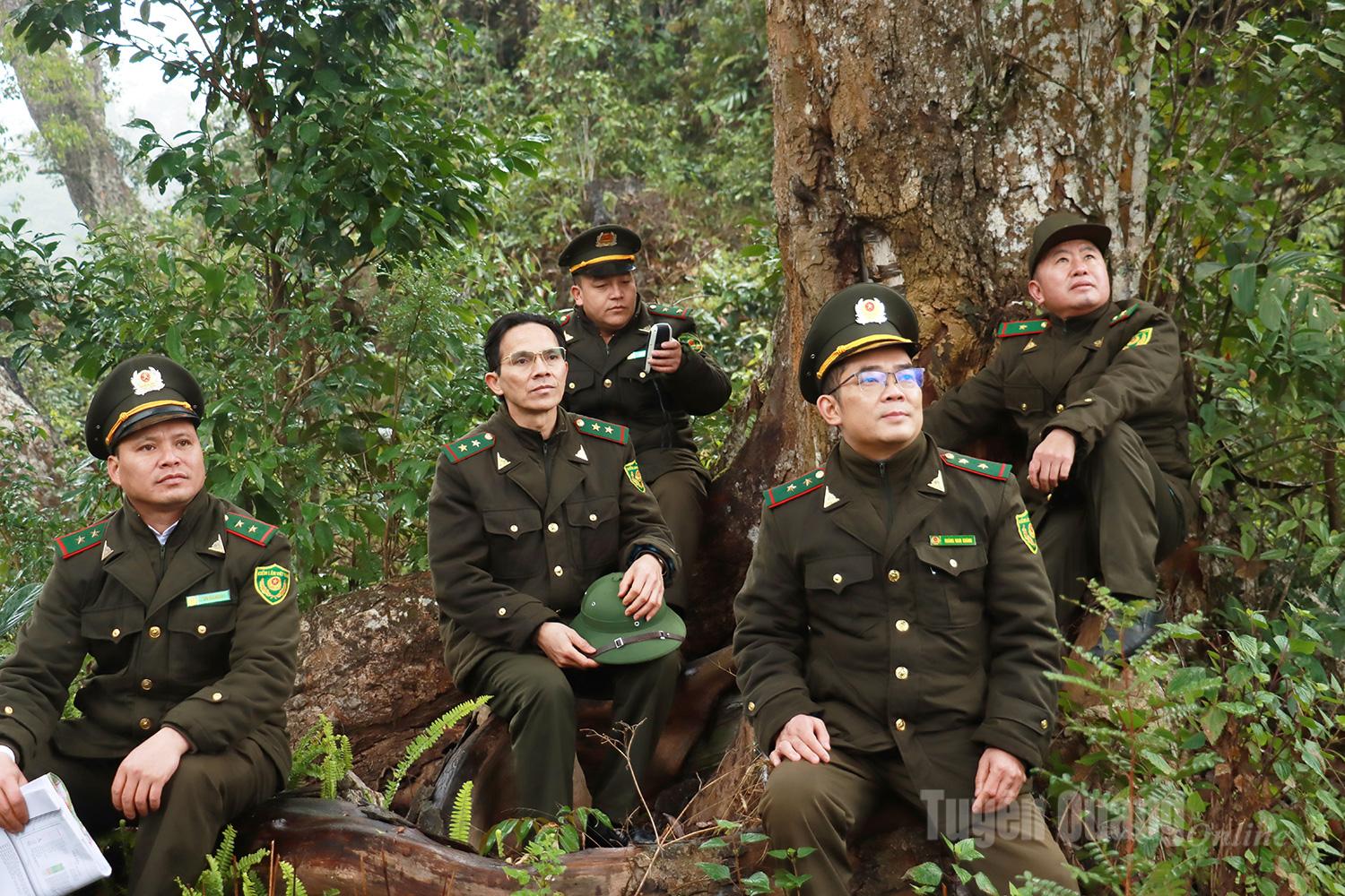 Lực lượng Kiểm l&acirc;m nghỉ ch&acirc;n b&ecirc;n tuyến tuần tra giữa rừng gi&agrave; Ch&iacute; S&aacute;n, tranh thủ phục hồi sức lực trước khi tiếp tục h&agrave;nh tr&igrave;nh b&aacute;m rừng.