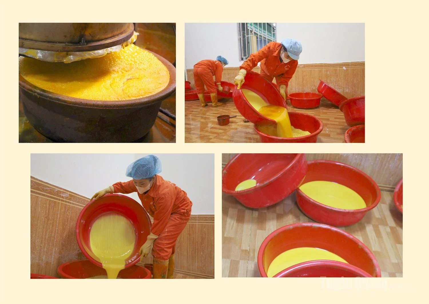 The filtered turmeric juice is left to naturally settle for three to four hours, with the essence extracted for the starch separation process.