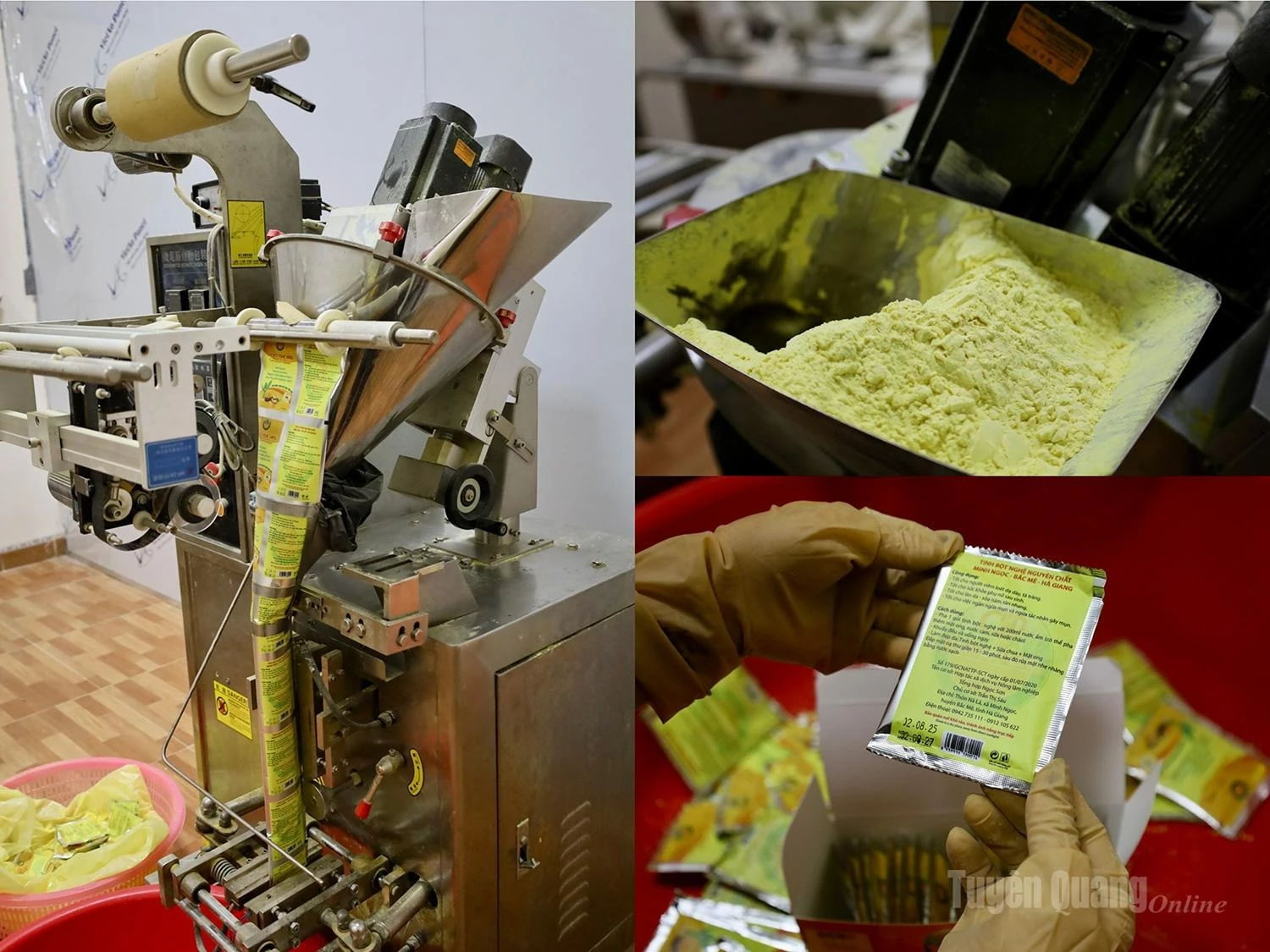 After processing, the turmeric starch is packaged using an automatic machine, completing the cooperative’s pure turmeric starch products.
