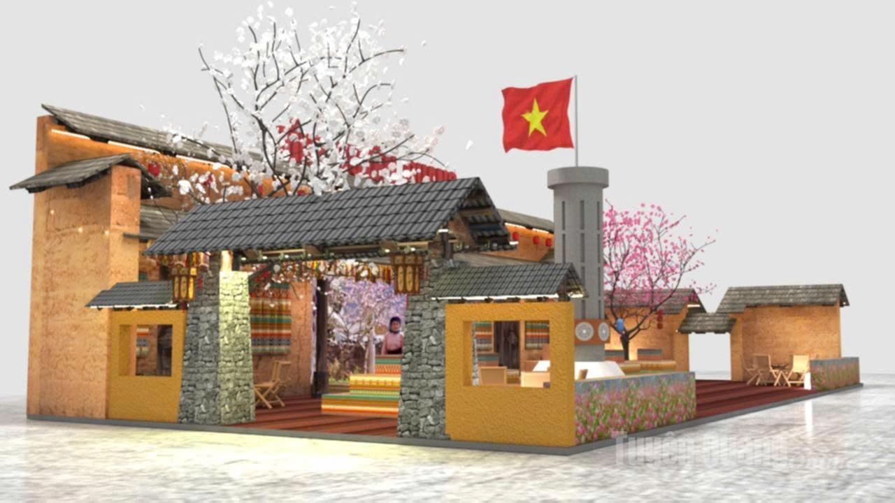 Mô hình thiết kế 3D khu trưng bày quảng bá giới thiệu sản phẩm văn hoá, du lịch và sản phẩm OCOP, sản phẩm đặc trưng tiêu biểu của tỉnh Tuyên Quang trong phân khu “Du Xuân quê hương – Sản vật bốn phương”.