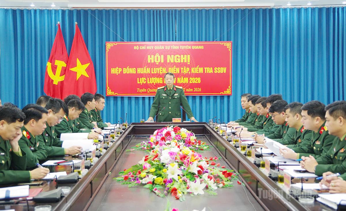 Đại tá Đào Toàn Thắng, Phó Chỉ huy trưởng, Tham mưu trưởng Bộ CHQS tỉnh phát biểu tại hội nghị.