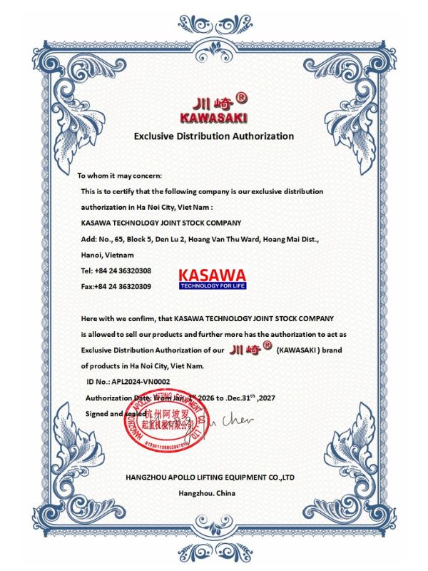 Giấy chứng nhận phân phối độc quyền của thương hiệu Kawasaki