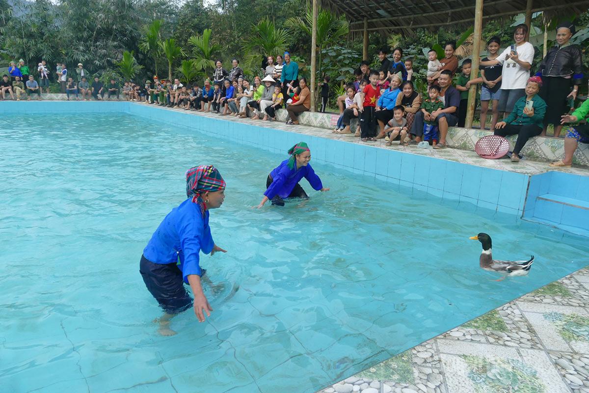 Trò chơi bắt vịt thu hút sự theo dõi, cổ vũ của đông đảo người dân và du khách tại Ngày hội.