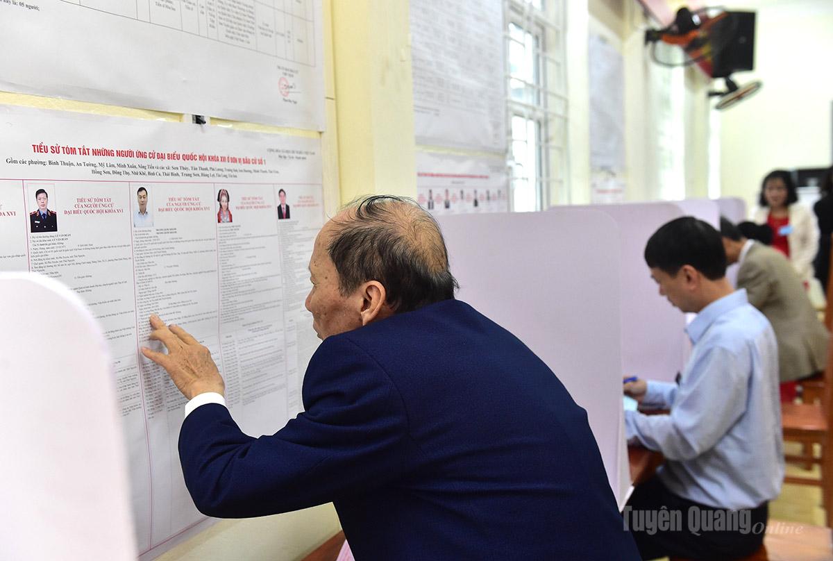 Cử tri phường Minh Xuân tìm hiểu thông tin người ứng cử trước khi bỏ phiếu bầu.