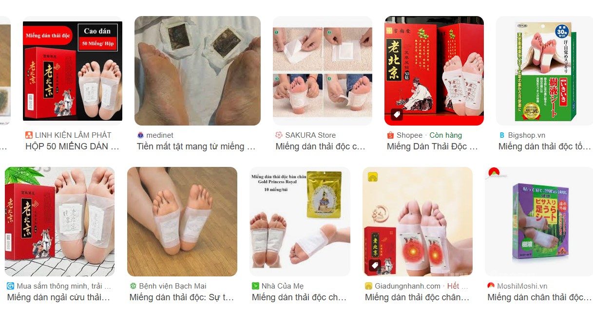 Chỉ cần gõ miếng dán thải độc là sẽ thấy vô vàn sản phẩm được rao bán.