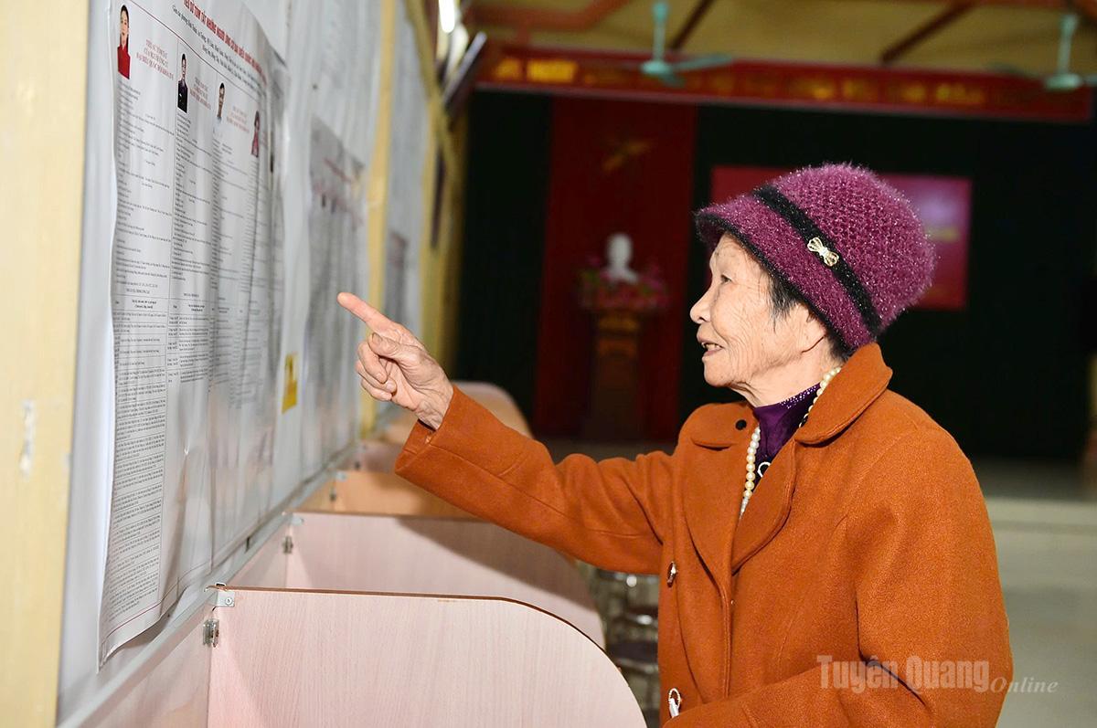 Cử tri Trần Thị Hoa, 86 tuổi, thôn Tân Biên 1, xã Thái Bình đã có mặt tại điểm bầu cử từ rất sớm. Bà muốn dành nhiều thời gian tìm hiểu tiểu sử các ứng cử viên để lựa chọn những người ưu tú nhất. Ảnh Thanh Phúc
