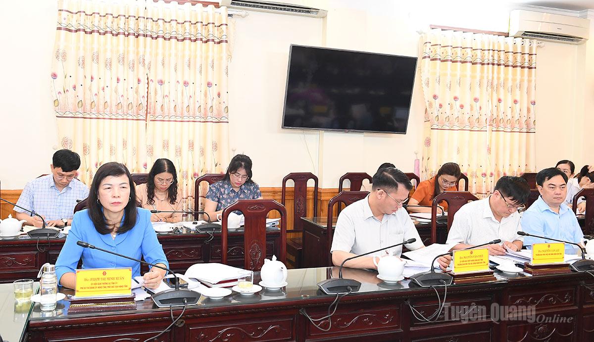 Đồng chí Phó Chủ tịch HĐND tỉnh Phạm Thị Minh Xuân và lãnh đạo các ban HĐND tỉnh dự phiên họp.