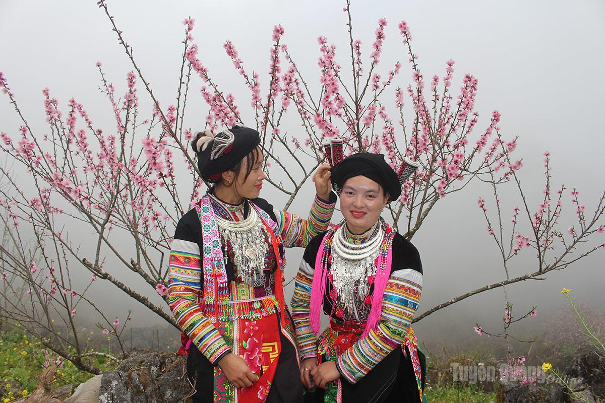 A young ethnic woman in colorful traditional attire poses beside the pink peach blossoms.