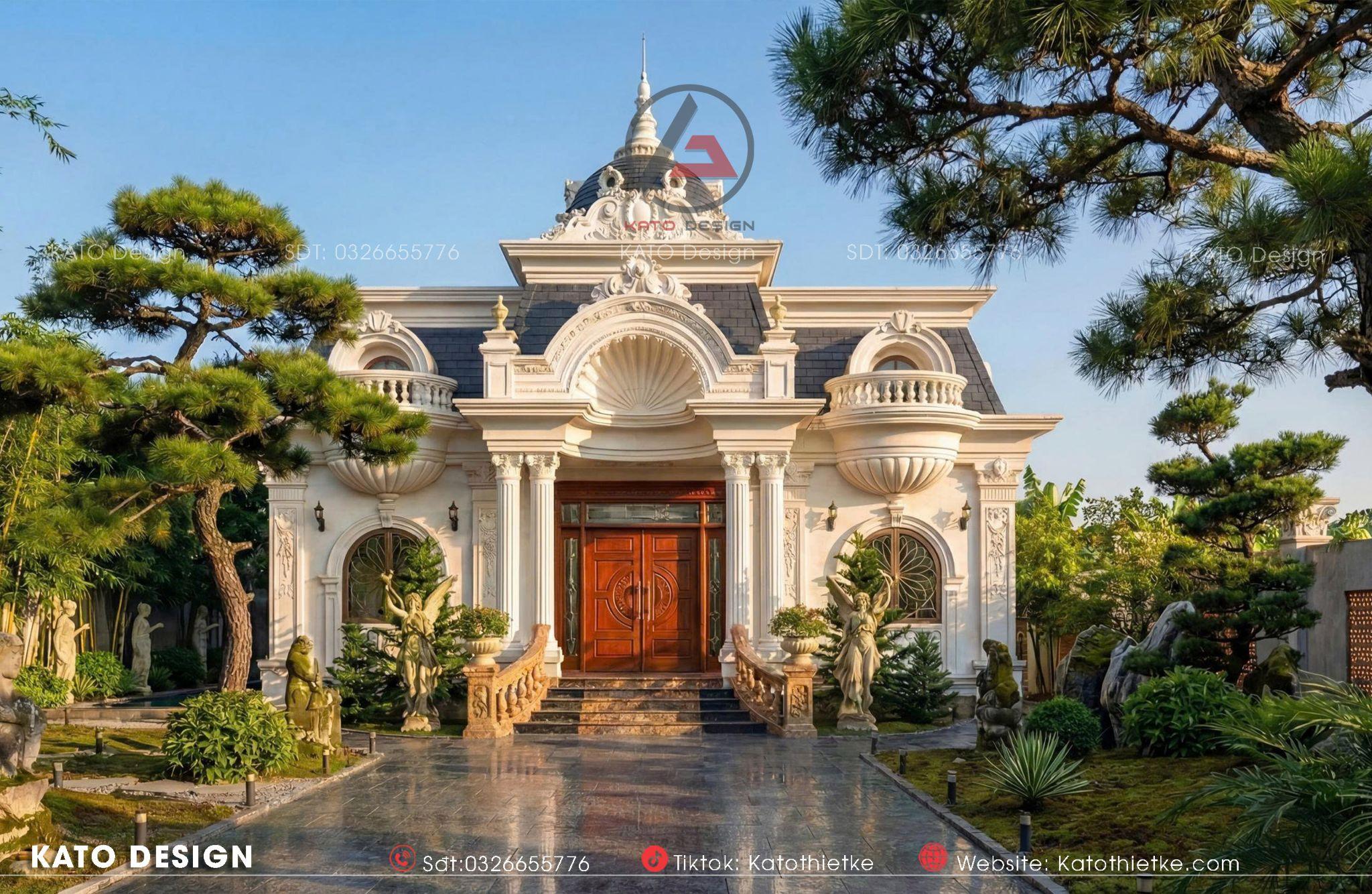 Mẫu nhà vườn tân cổ điển nổi bật với kiến trúc sang trọng, cân đối