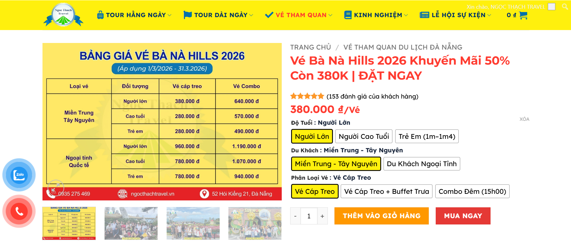 Website đặt vé Bà Nà Hill của NGỌC THẠCH TRAVEL
