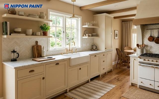 Khu vực bếp sơn tường màu be tạo cảm giác sạch sẽ và hài hòa