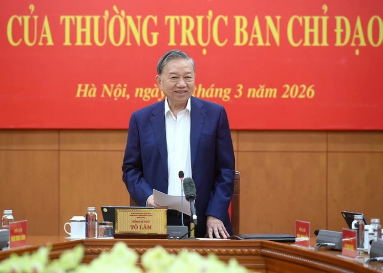 Party General Secretary To Lam speaks at the first-quarter meeting of the Standing Board of the Central Steering Committee on Perfecting Institutions and Laws. (Photo: Dang Khoa)