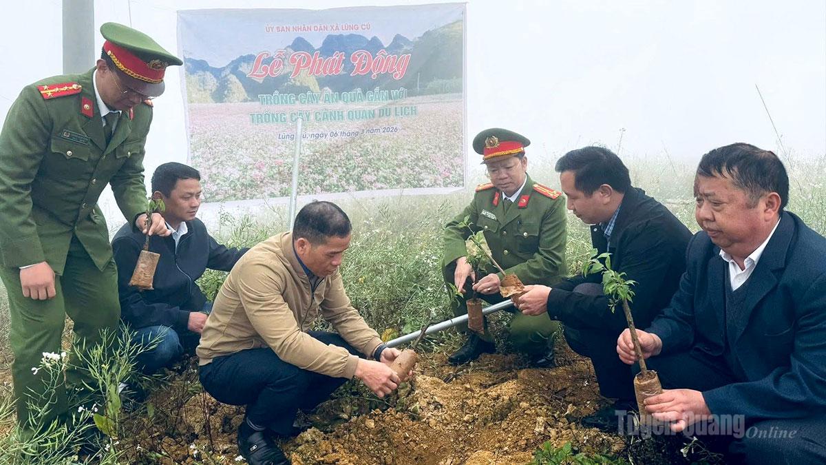 Lãnh đạo xã Lũng Cú và lực lượng vũ trang, người dân trồng cây ăn quả tại các điểm du lịch.