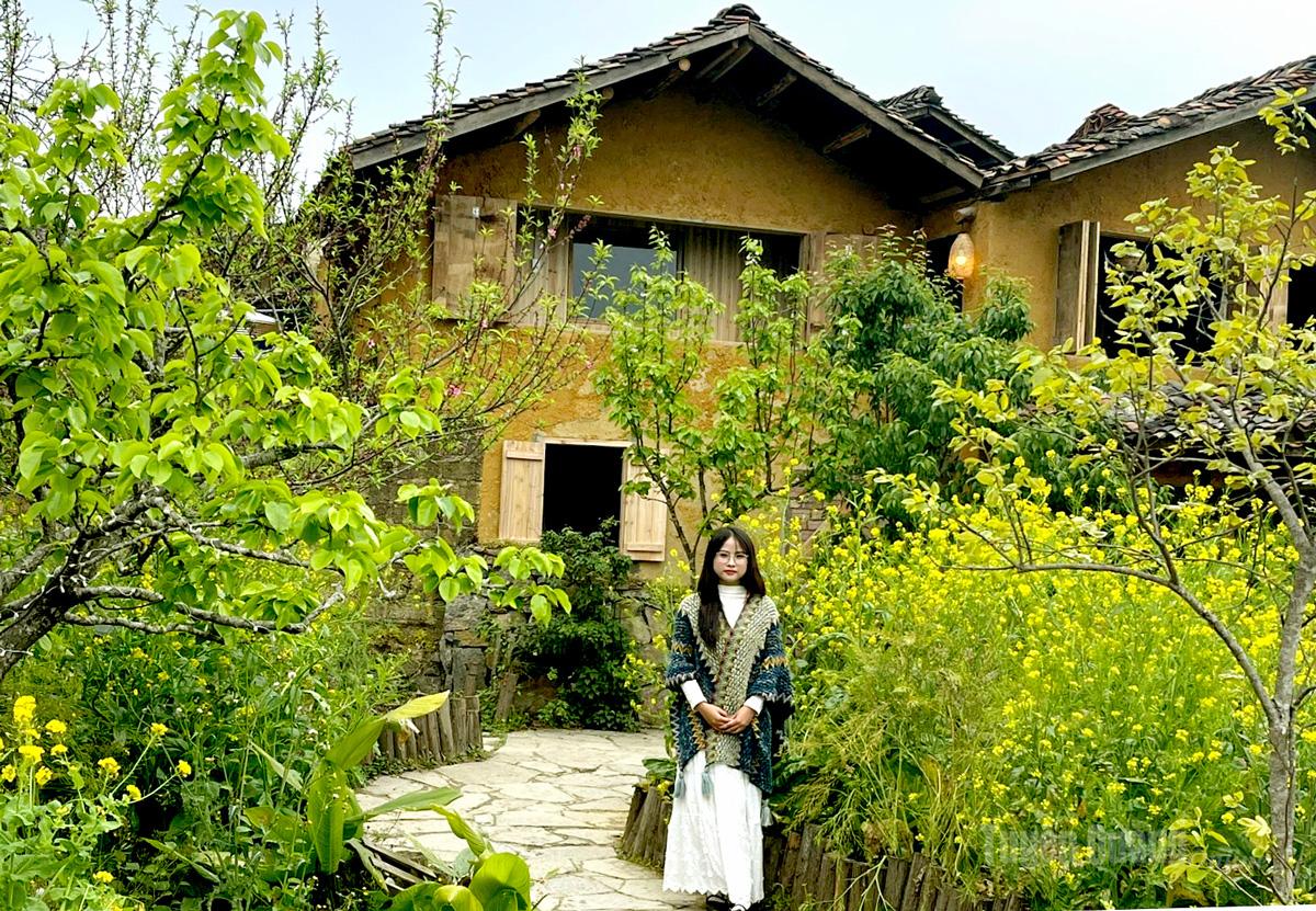 Bright yellow mustard flowers blooming in front of rammed-earth houses in Lo Lo Chai Village create a peaceful scene that attracts visitors to stop and take photos.