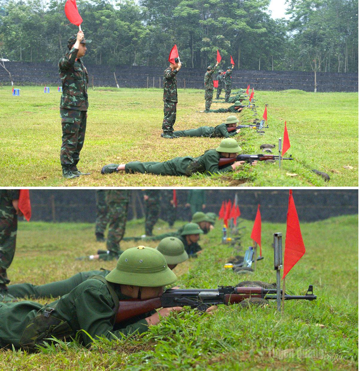 Thi bắn đạn thật súng tiểu liên AK (nằm bắn có bệ tỳ, bia số 4a, đạn 3 viên, cự ly 100m).