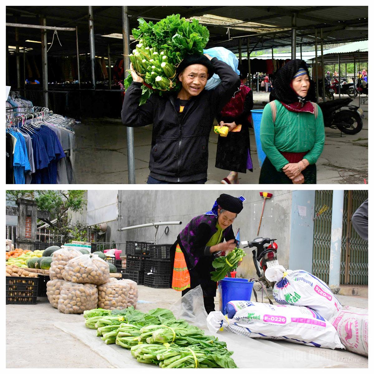 Bundles of fresh green vegetables are brought by locals to sell at the market.