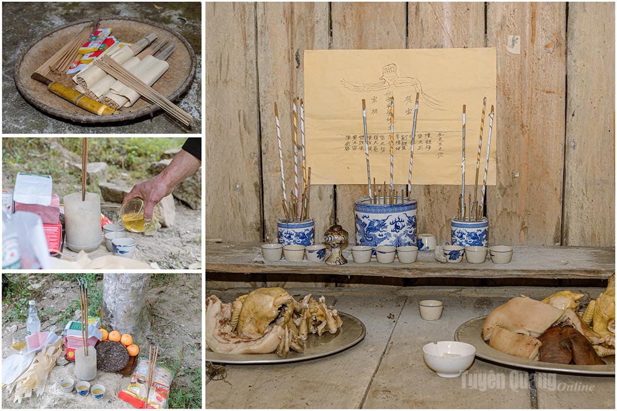 Offerings such as chickens, pigs, traditional paper, rice wine, and rice are contributed by families, then brought together at the home of a respected community member chosen in advance to prepare for the ceremonies.