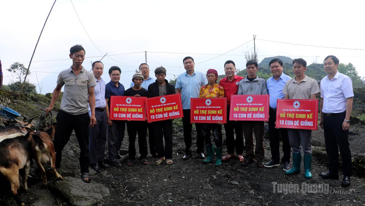 Trưởng ban Nội chính Tỉnh ủy Phùng Tiến Quân, Giám đốc Báo và phát thanh, truyền hình Tuyên Quang Mai Đức Thông cùng lãnh đạo Hội Chữ Thập đỏ tỉnh, Chi nhánh PETROLIMEX Hà Giang trao biển hỗ trợ dê giống cho các hộ.