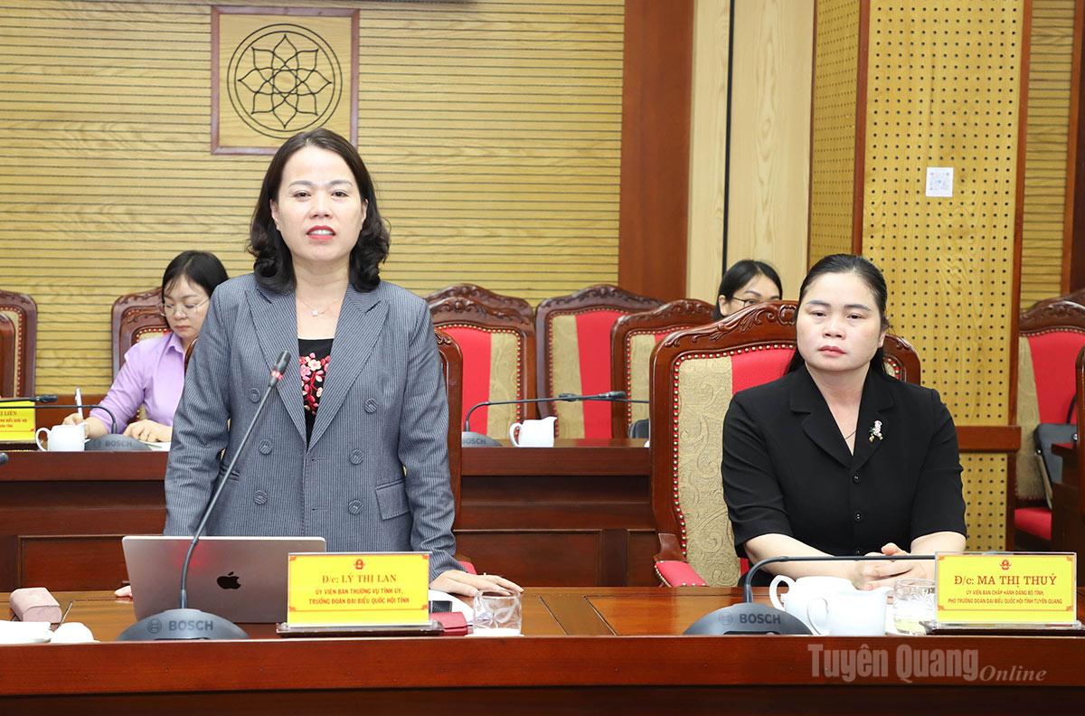 Đồng chí Lý Thị Lan, Ủy viên Ban Thường vụ Tỉnh ủy, Trưởng Đoàn ĐBQH chuyên trách khóa XV tỉnh thảo luận tại buổi làm việc.