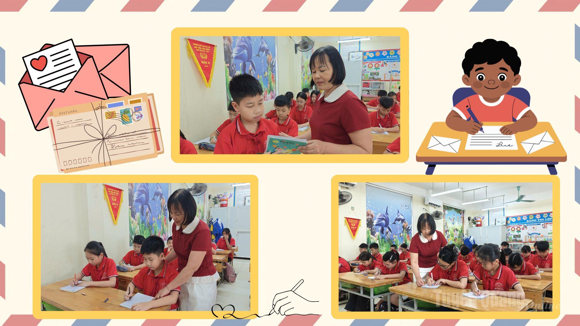 Các em học sinh trường Tiểu học Đội Cấn được cô giáo hướng dẫn viết thư sao cho thật hay và cảm xúc.