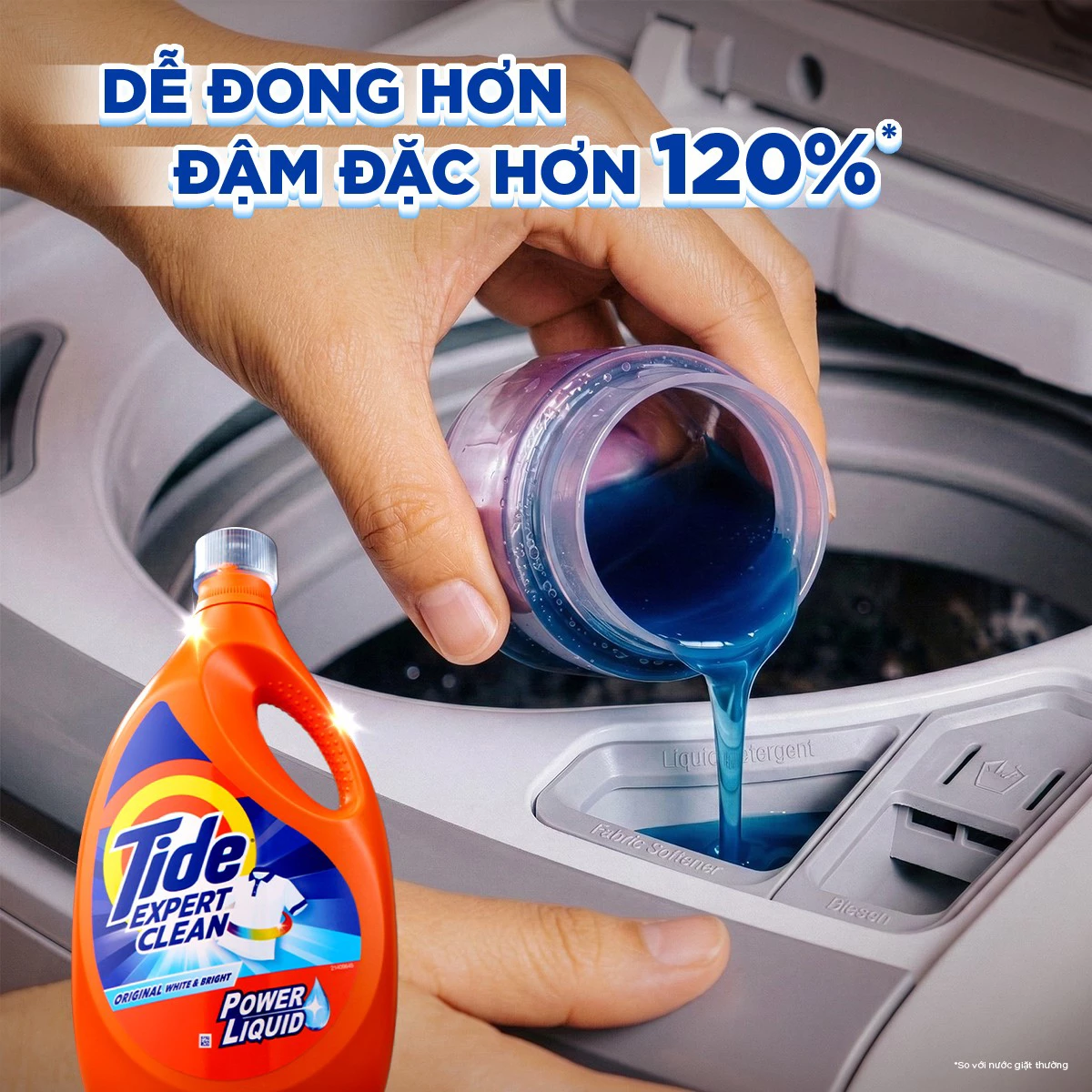 Công thức đậm đặc hơn 120% so với nước giặt thường giúp Tide tối ưu hiệu quả làm sạch chỉ trong một lần giặt.