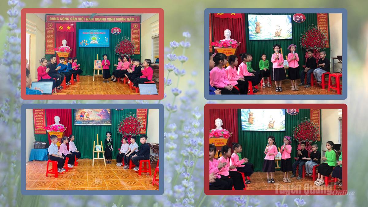 Không chỉ đọc sách, các em còn giới thiệu sách qua những phần thi kể chuyện thú vị để các bạn trong lớp, trong trường tìm đọc.