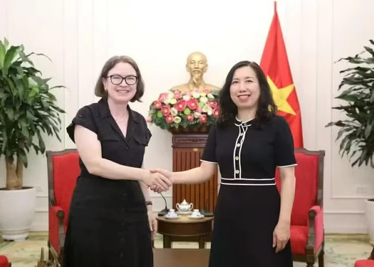 Deputy Minister of Foreign Affairs Le Thi Thu Hang (R) meets with Irish Ambassador to Viet Nam Deirdre Ní Fhallúin in Ha Noi on April 21. (Photo: baoquocte.vn)